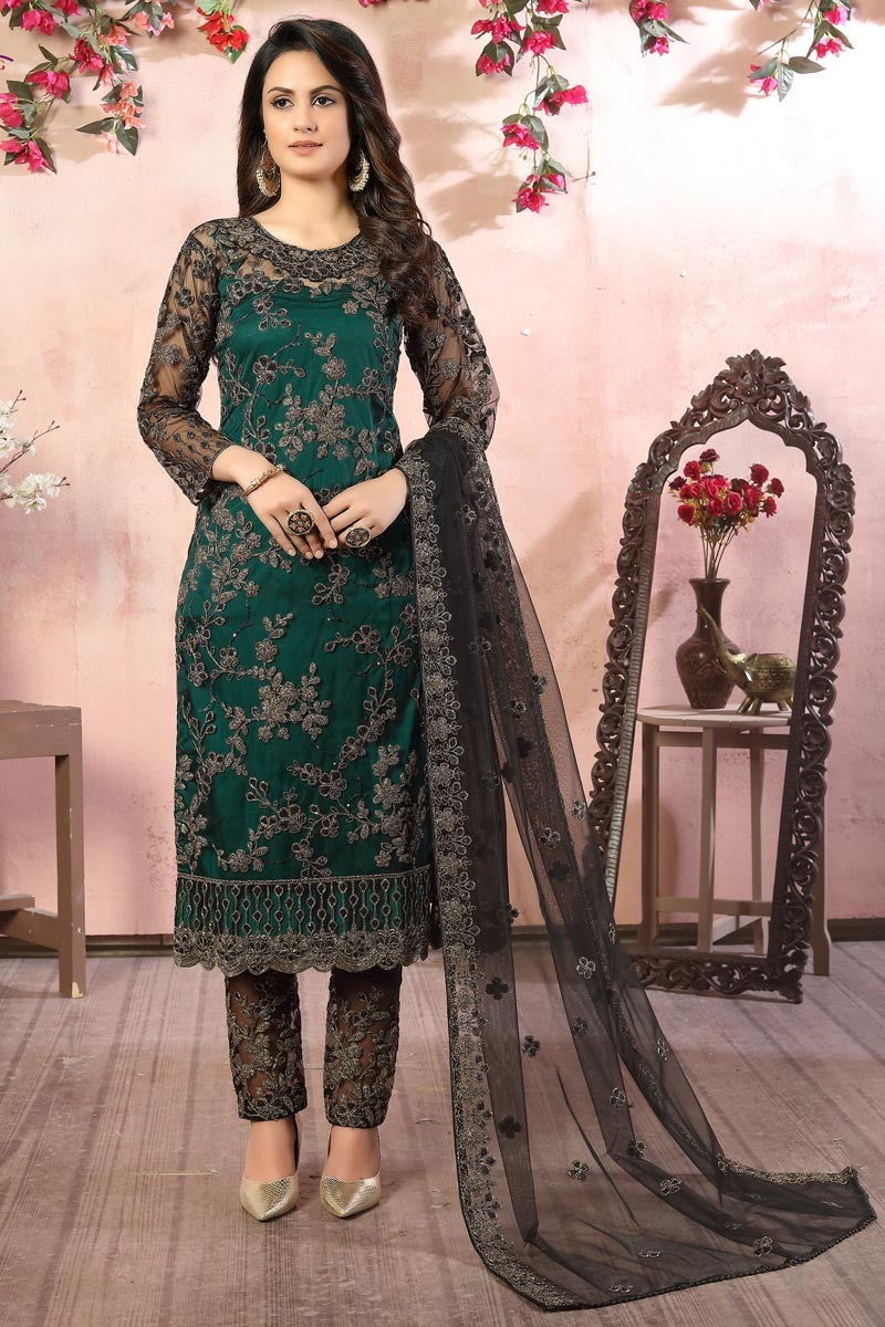 Dazzling Green Suit - Embroidered Net Pant Style Suit
