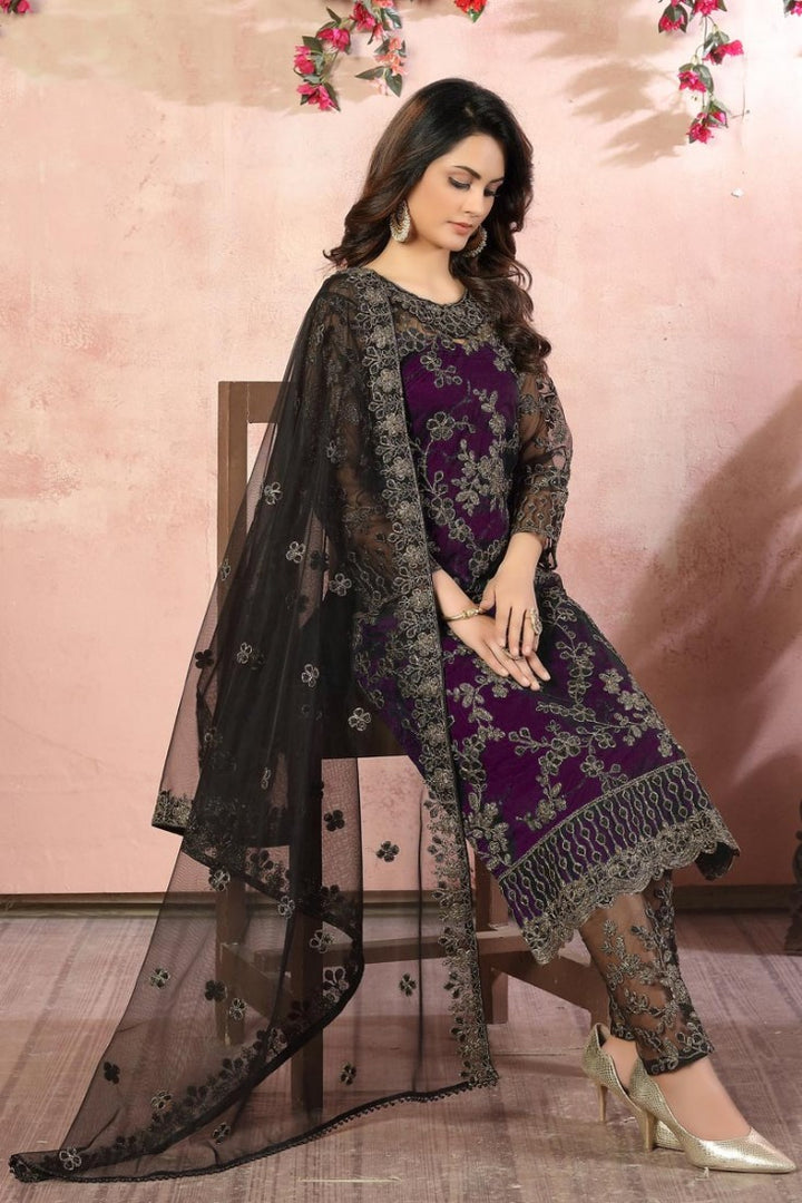 Charming Purple Embroidered Net Pant Style Suit