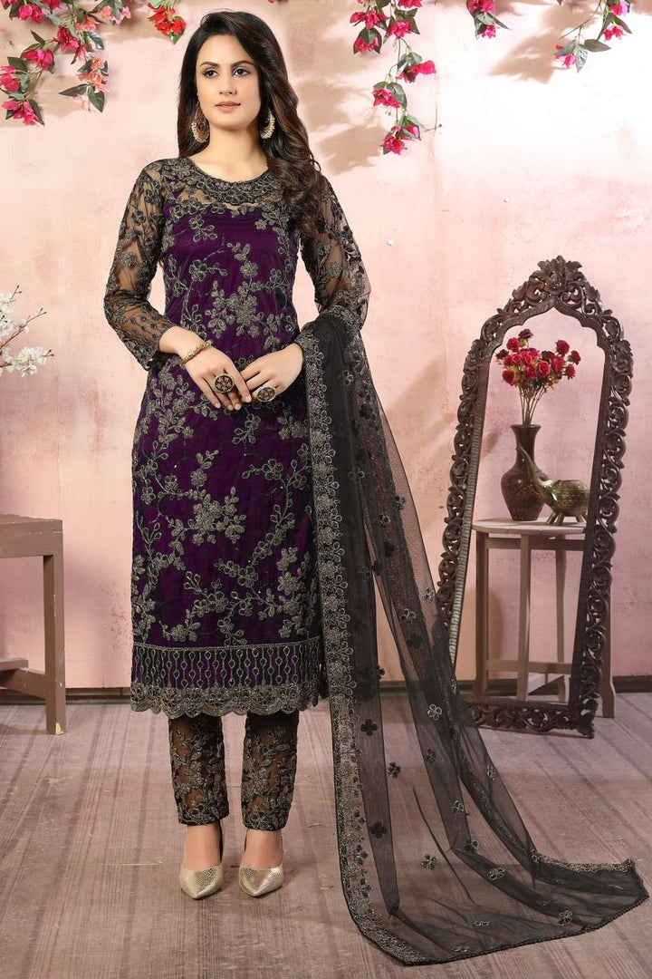 Charming Purple Suit - Embroidered Net Pant Style Suit
