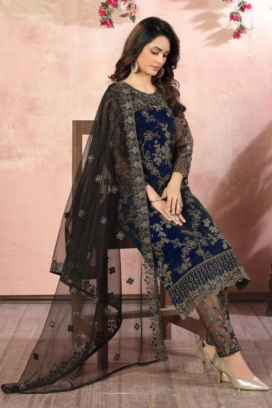 Brilliant Blue Embroidered Net Pant Style Suit