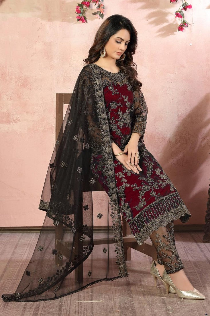 Magical Maroon Embroidered Net Pant Style Suit