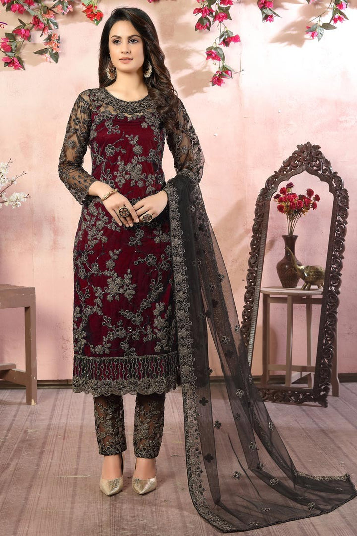 Magical Maroon Suit - Embroidered Net Pant Style Suit