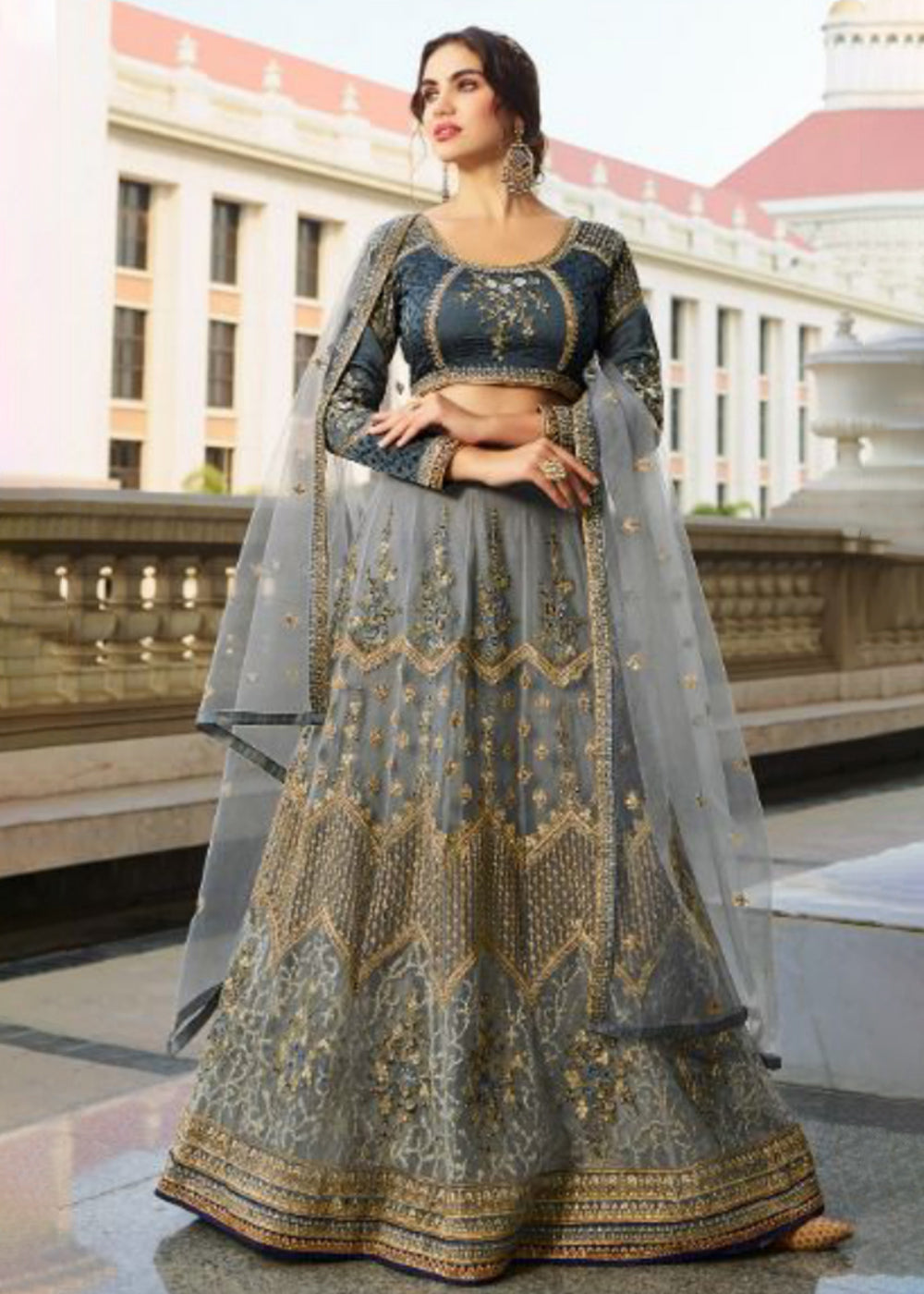 Buy Now Wedding Party Grey & Gold Embroidered Stunning Lehenga Choli in USA, UK, Canada & Worldwide at Empress Clothing.
