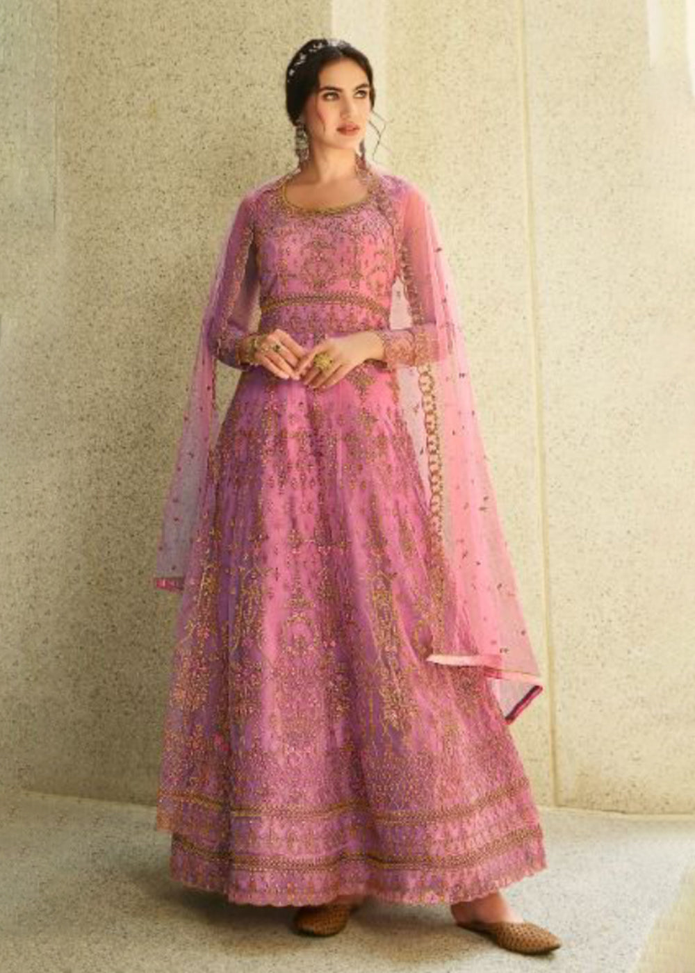 Buy Now Wedding Party Pink & Gold Embroidered Stunning Anarkali Suit Online in USA, UK, Australia, New Zealand, Canada & Worldwide at Empress Clothing. 