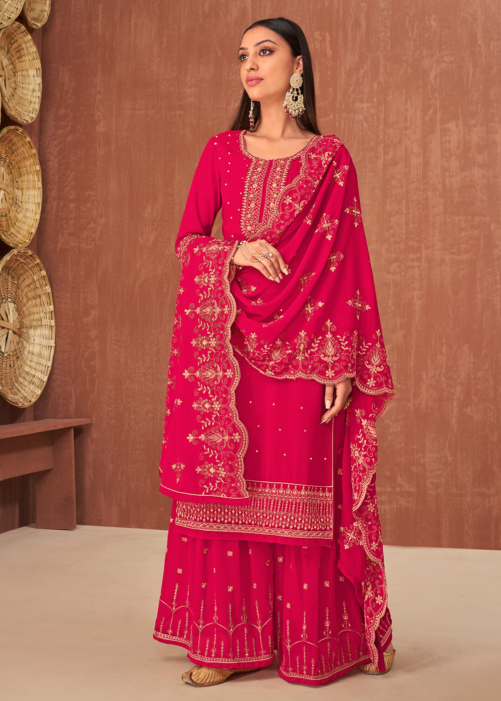 Buy Ethnic Pink Georgette Suit - Traditionally Embroidered Palazzo Suit