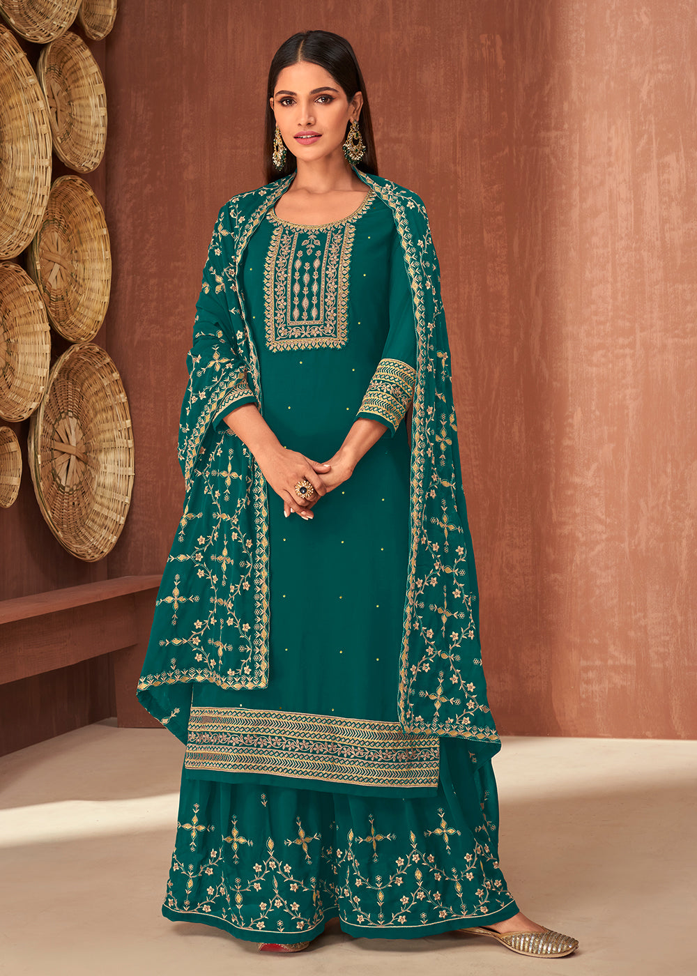 Buy Ethnic Teal Georgette Suit - Traditional Embroidered Palazzo Suit