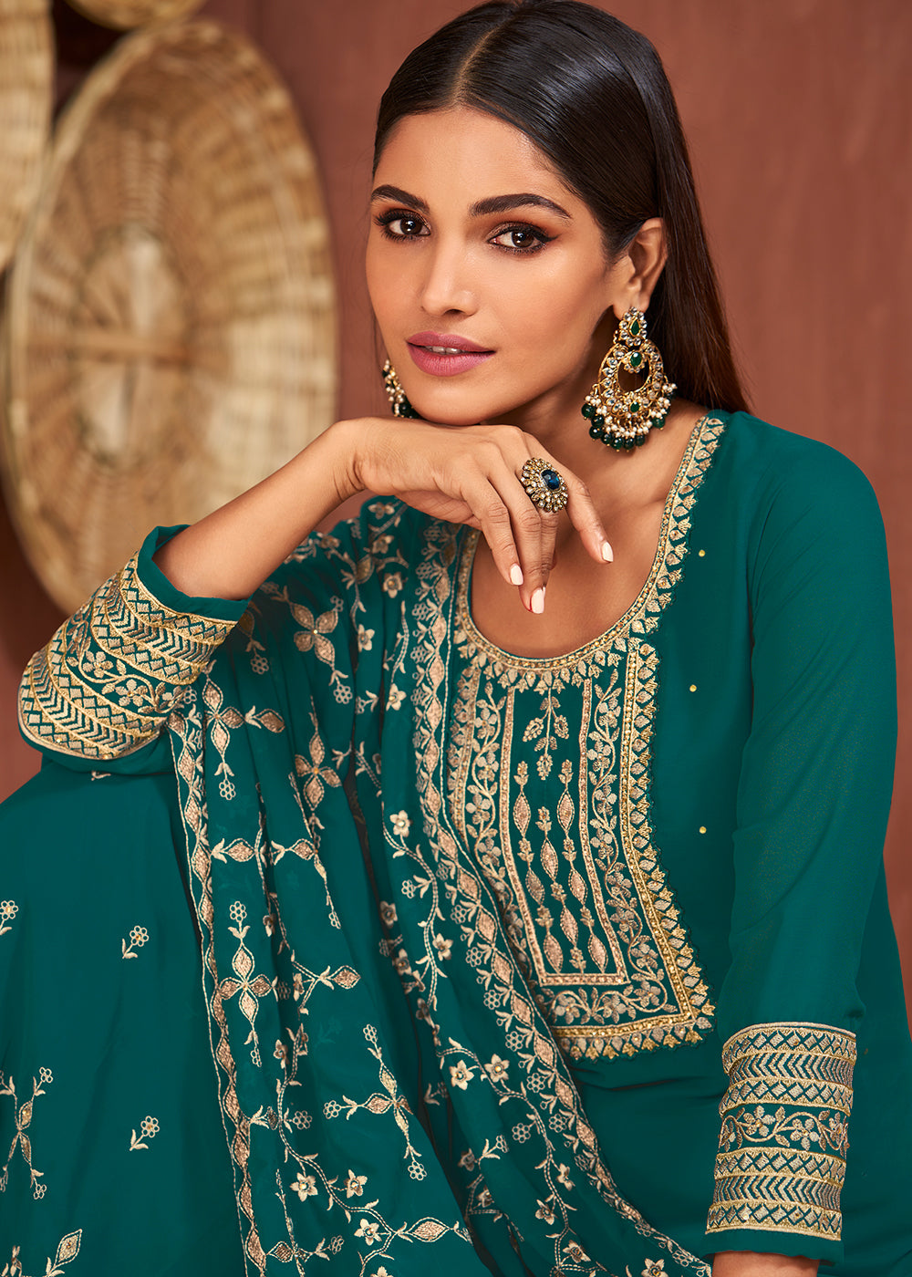 Buy Ethnic Teal Georgette Suit - Traditional Embroidered Palazzo Suit