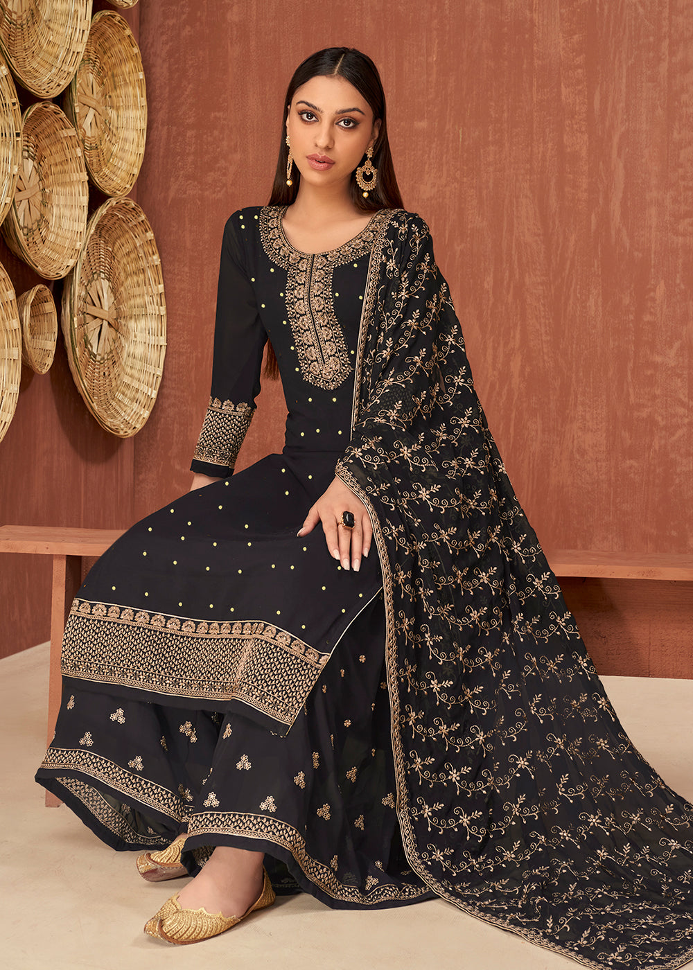 Buy Ethnic Black Georgette Suit - Traditional Embroidered Palazzo Suit