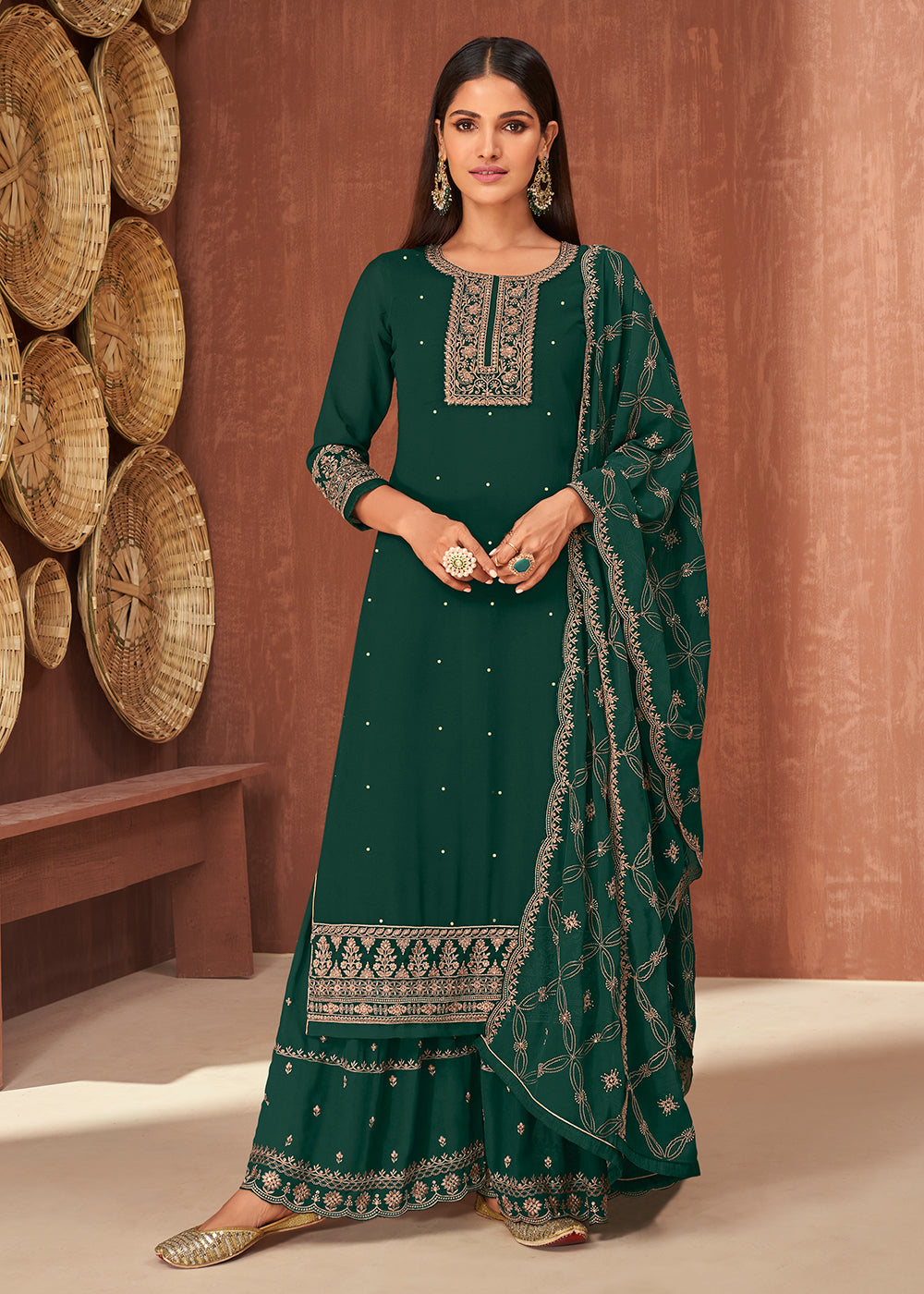 Buy Ethnic Green Georgette Suit - Traditional Embroidered Palazzo Suit