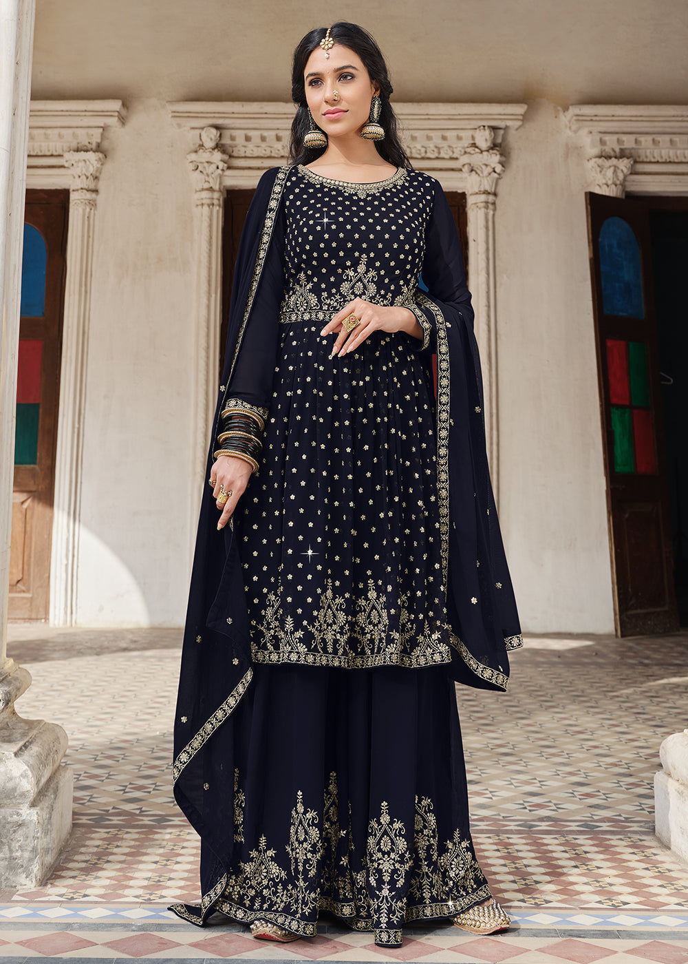 Buy Navy Blue Traditional Style Georgette Suit - Designer Palazzo Suit