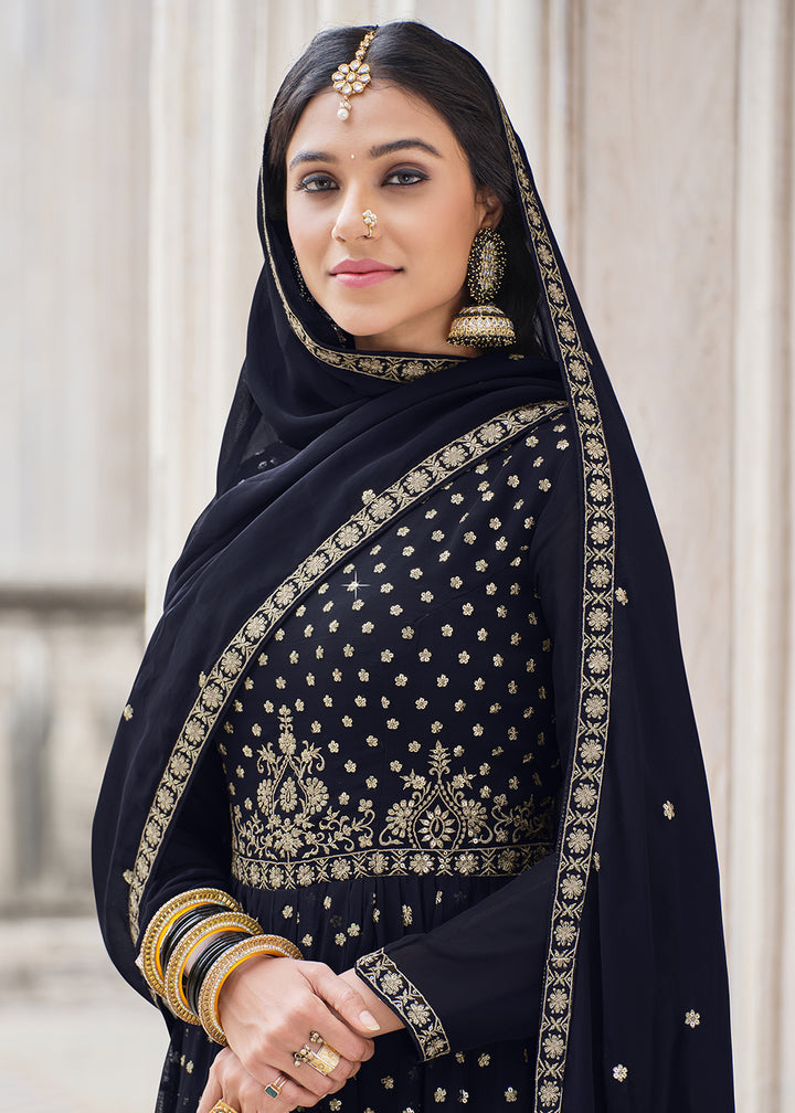 Buy Navy Blue Traditional Style Georgette Suit - Designer Palazzo Suit