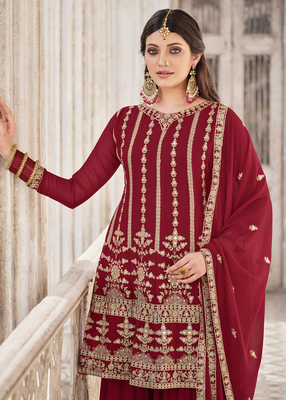 Buy Maroon Traditional Style Georgette Suit - Designer Palazzo Suit