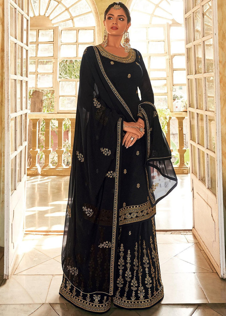Buy Black Stone Work Sharara - Embroidered Georgette Sharara Suit