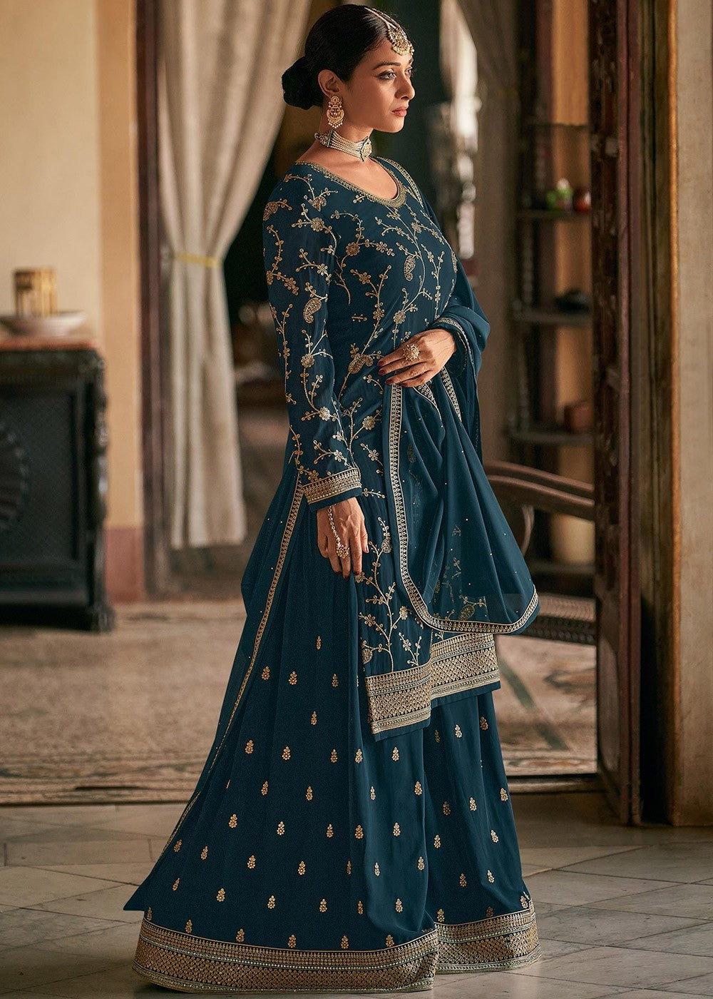 Buy Blue Stone Work Sharara - Embroidered Georgette Sharara Suit
