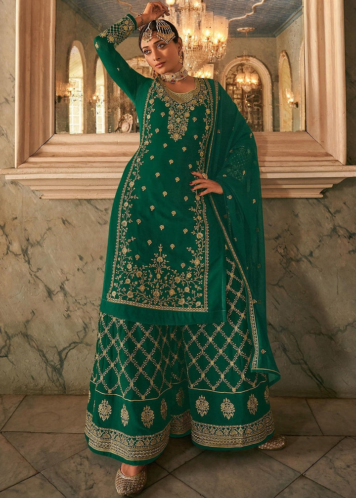 Buy Green Stone Work Sharara - Embroidered Georgette Sharara Suit