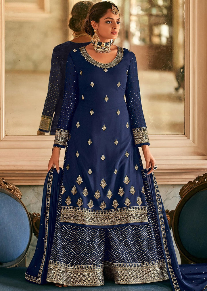 Buy Navy Blue Stone Work Sharara - Embroidered Georgette Sharara Suit