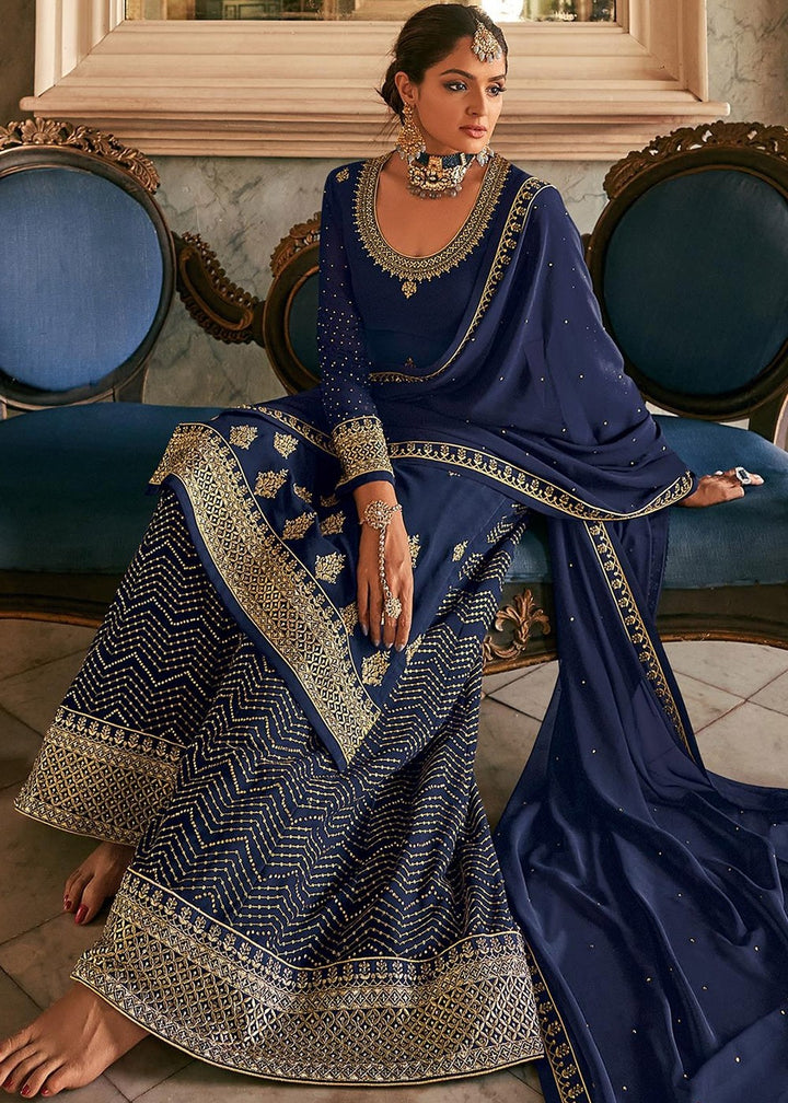 Buy Navy Blue Stone Work Sharara - Embroidered Georgette Sharara Suit