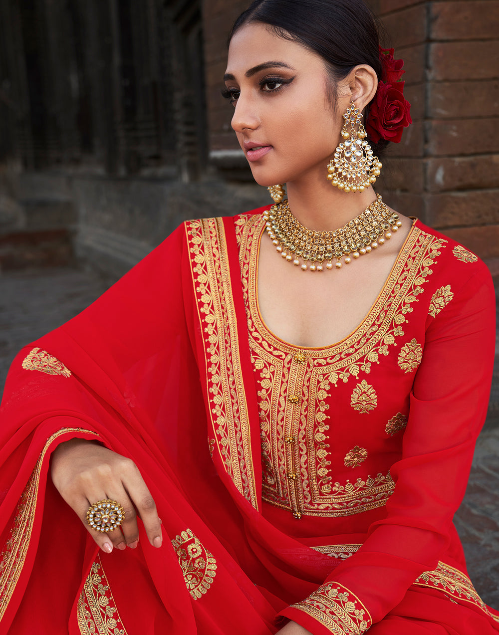 Buy Scarlet Red Stone Embellished Anarkali - Floor Length Anarkali Suit