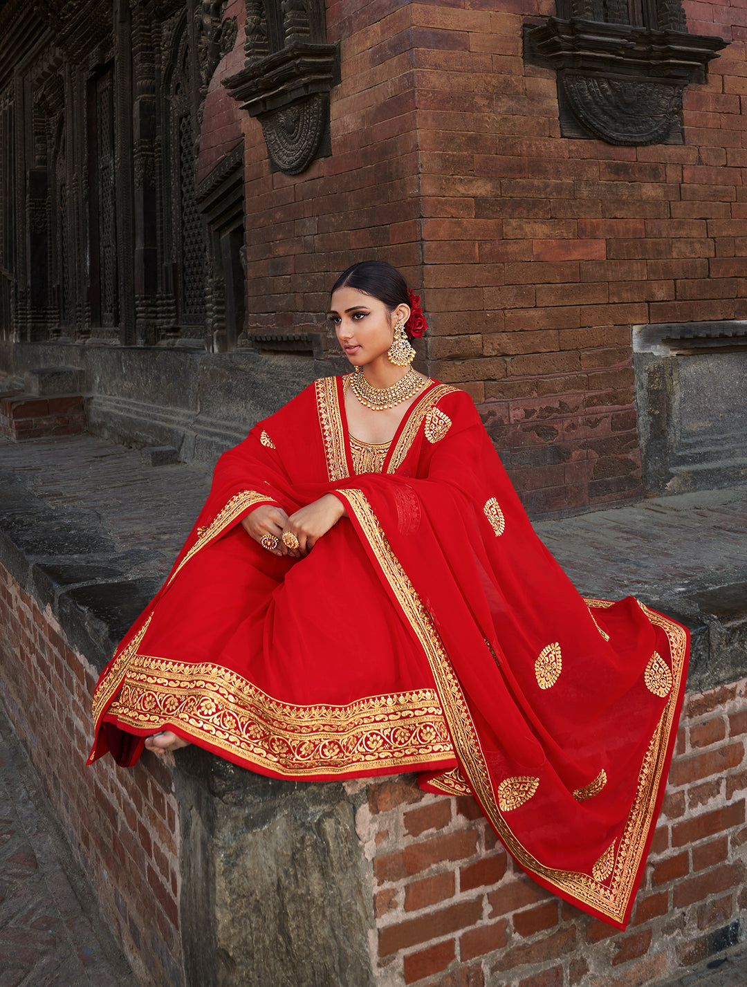 Buy Scarlet Red Stone Embellished Anarkali - Floor Length Anarkali Suit
