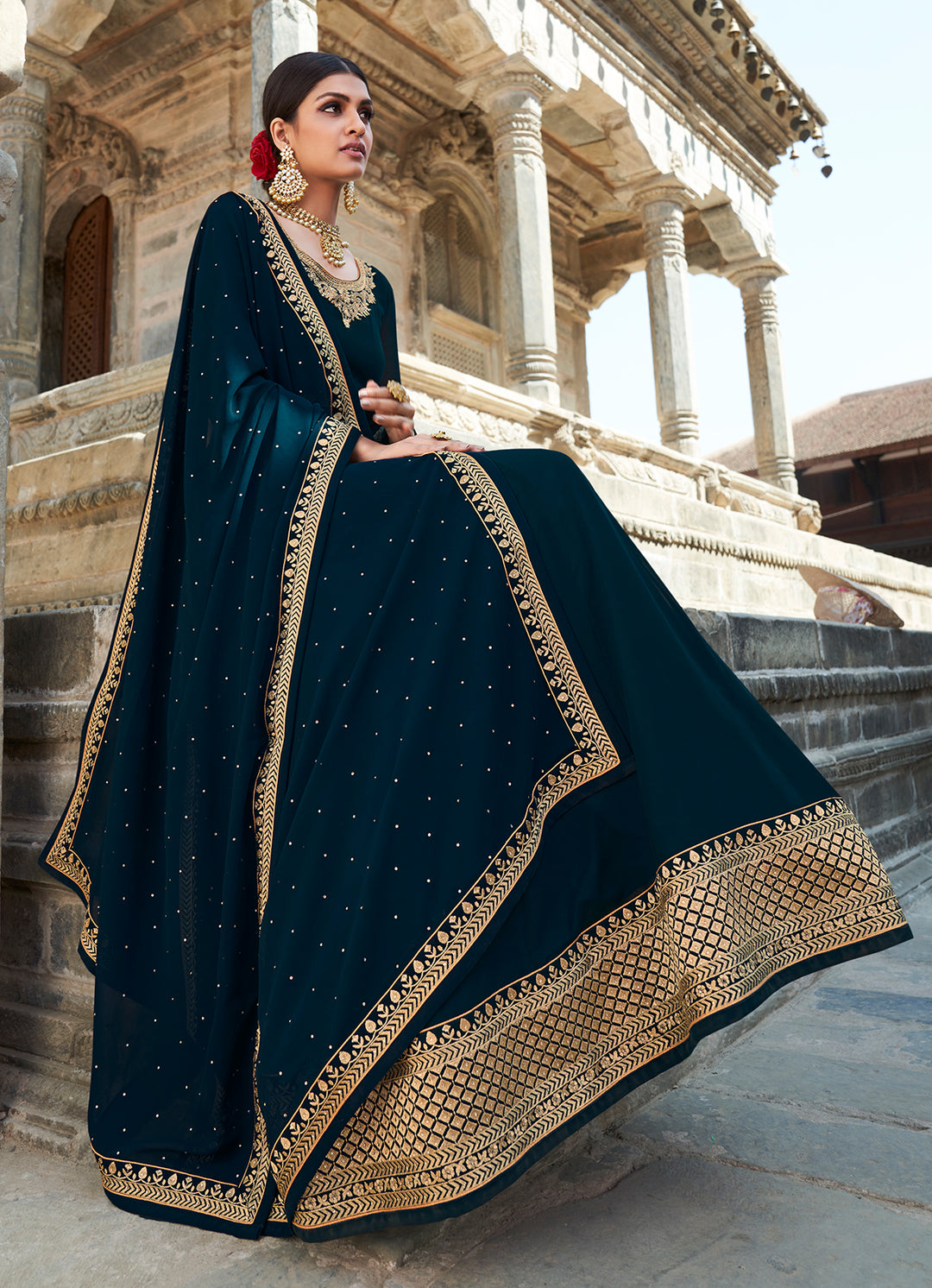 Buy Prussian Blue Stone Embellished Anarkali - Floor Length Anarkali Suit