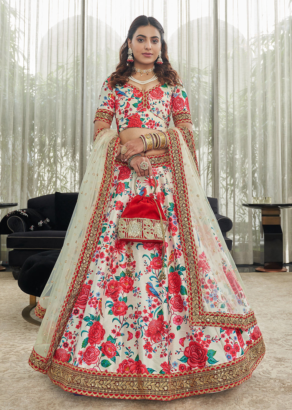 Buy Now Capricious Off-White Art Silk Floral Printed Lehenga Choli Online in USA, UK, Canada & Worldwide at Empress Clothing.