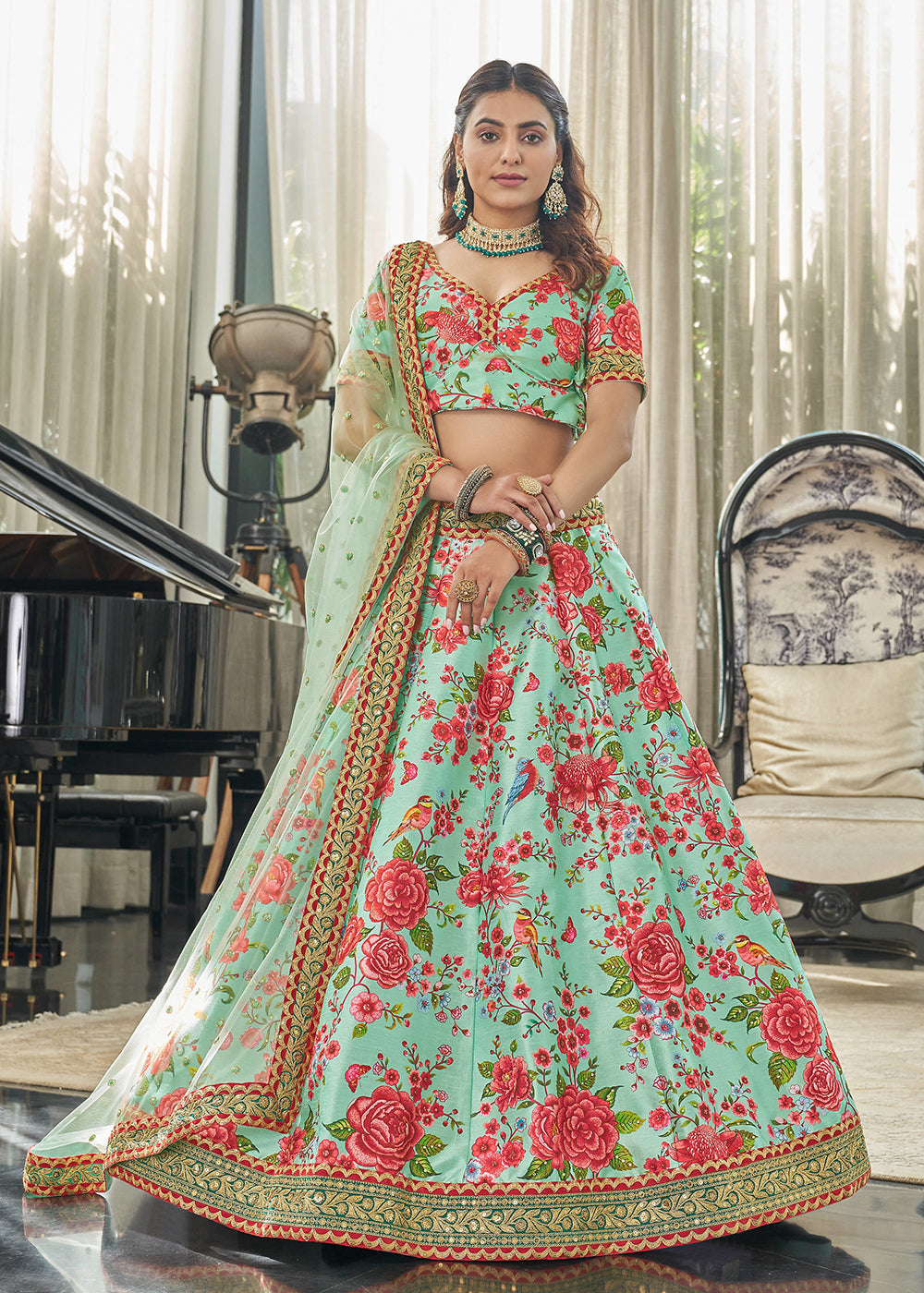 Buy Now Spectacular Mint Green Art Silk Floral Printed Lehenga Choli Online in USA, UK, Canada & Worldwide at Empress Clothing.
