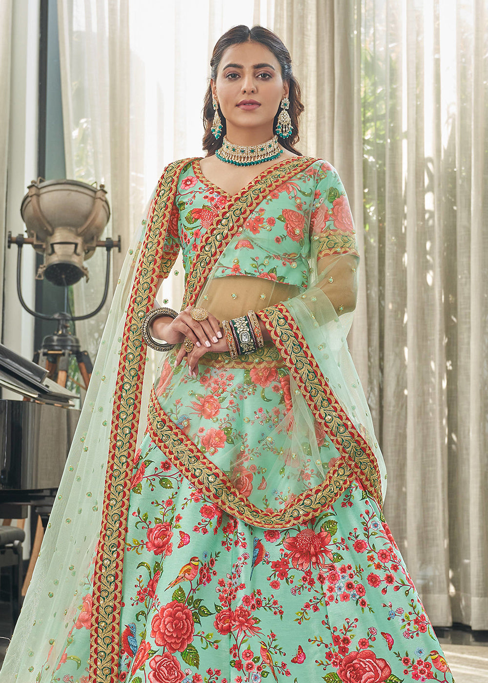Buy Now Spectacular Mint Green Art Silk Floral Printed Lehenga Choli Online in USA, UK, Canada & Worldwide at Empress Clothing.