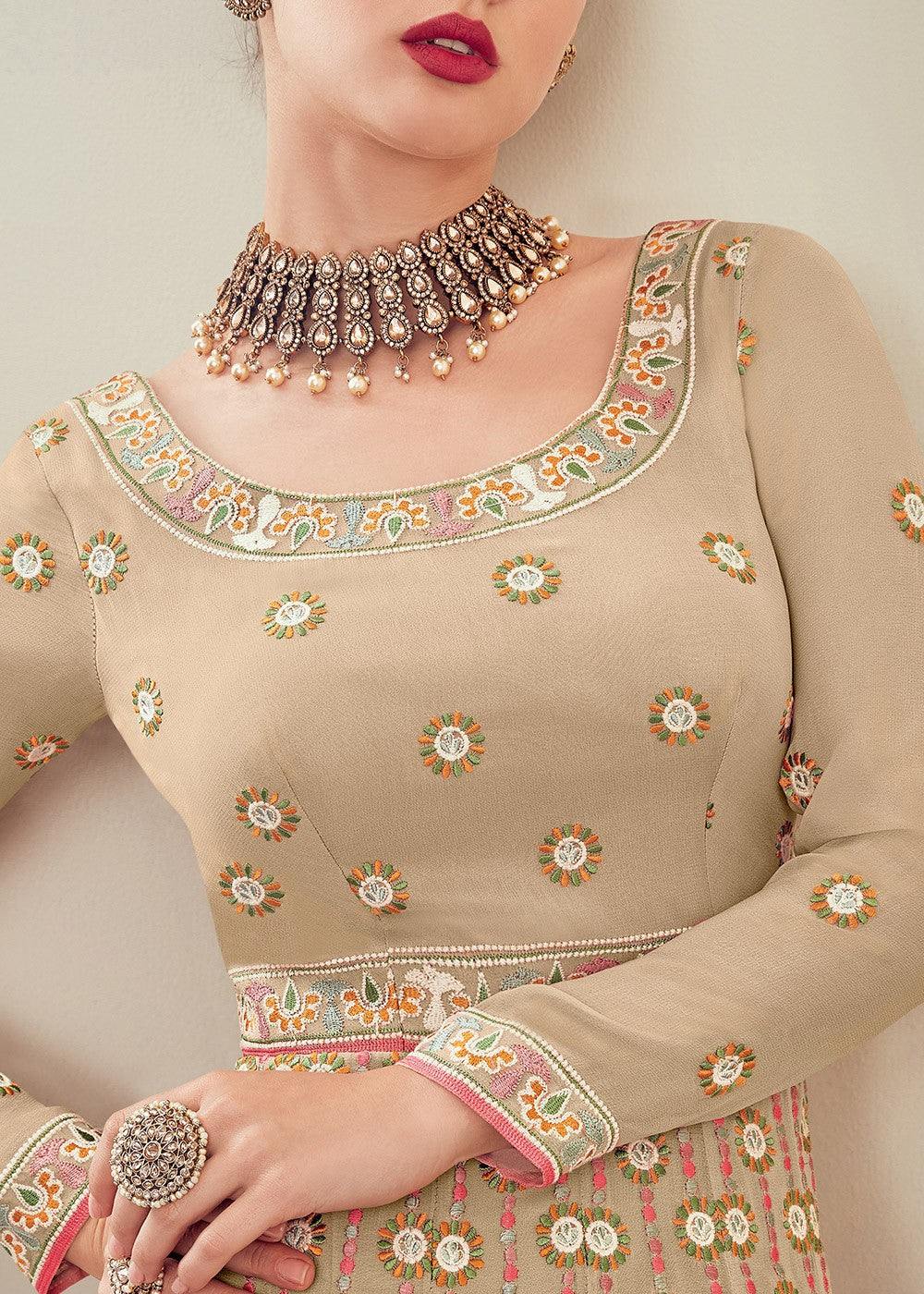 Buy Demure Beige Multi Thread Anarkali - Embroidered Anarkali Suit