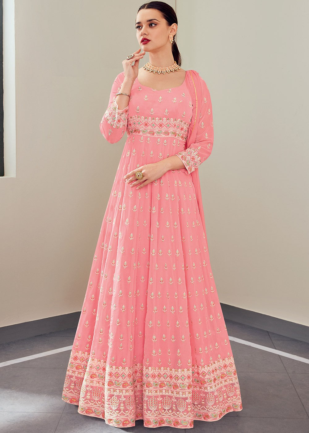Blush Pink Thread Embroidered Anarkali