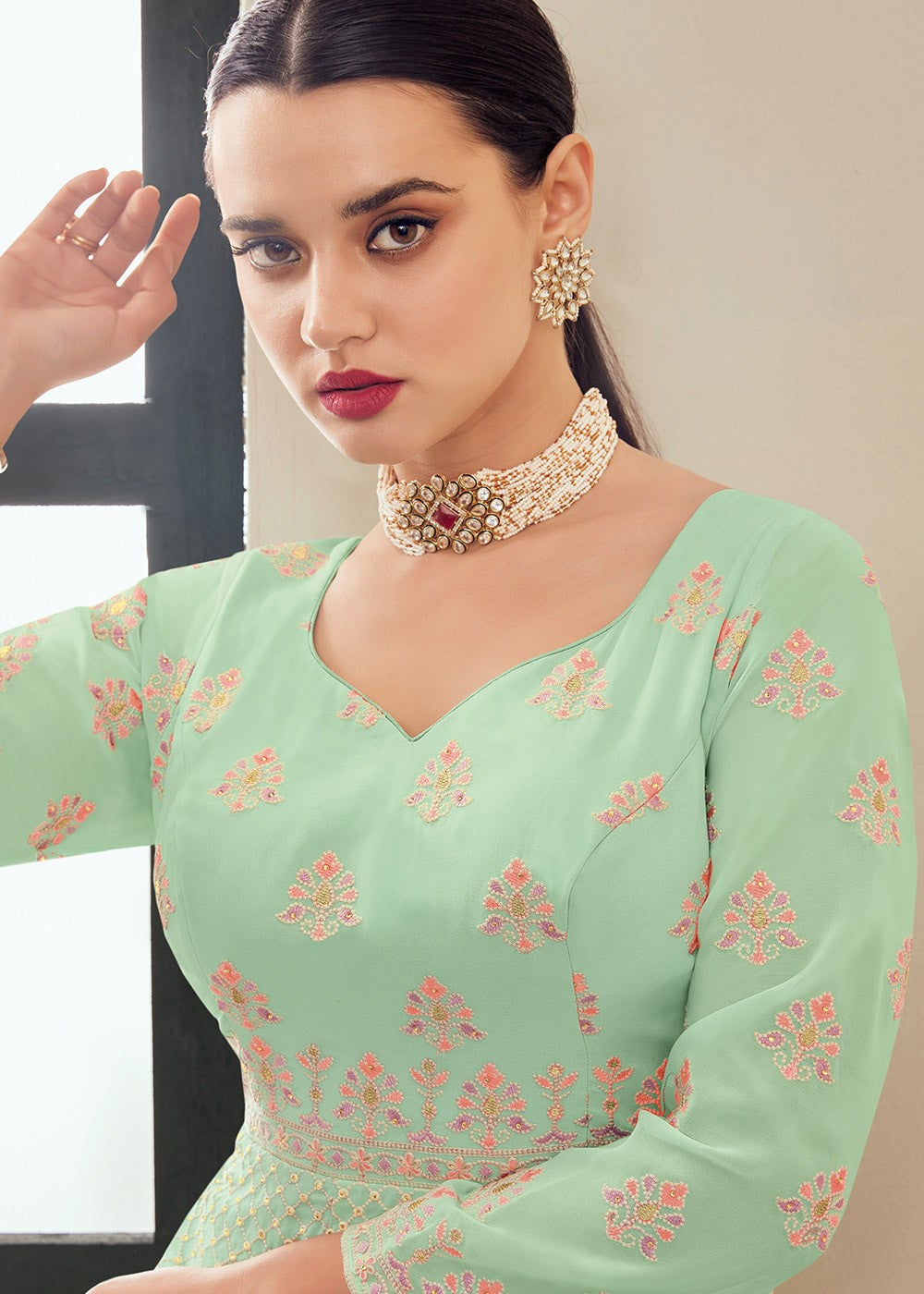 Buy Mint Green Multi Thread Anarkali - Embroidered Anarkali Suit
