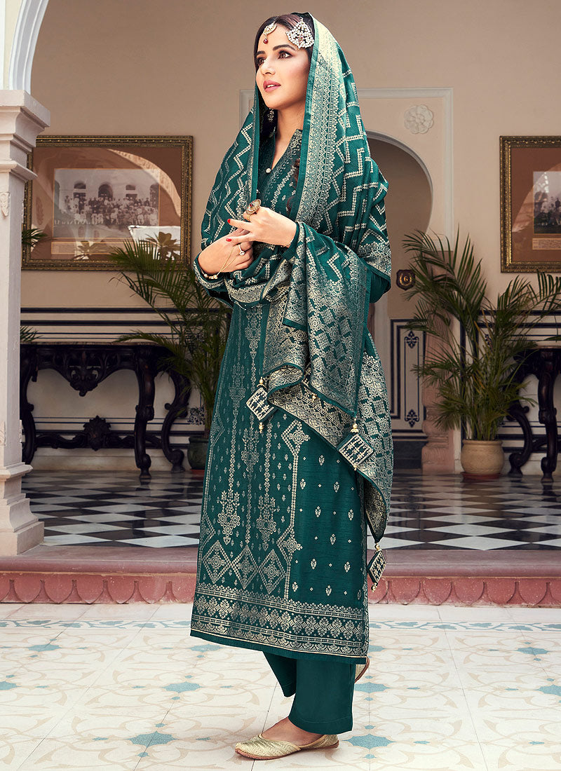 Buy Viscose Teal Green Pakistani Style Suit - Embroidered Designer Suit