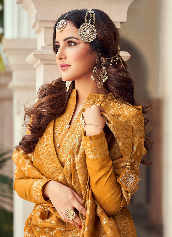 Buy Viscose Yellow Pakistani Style Suit - Embroidered Designer Suit