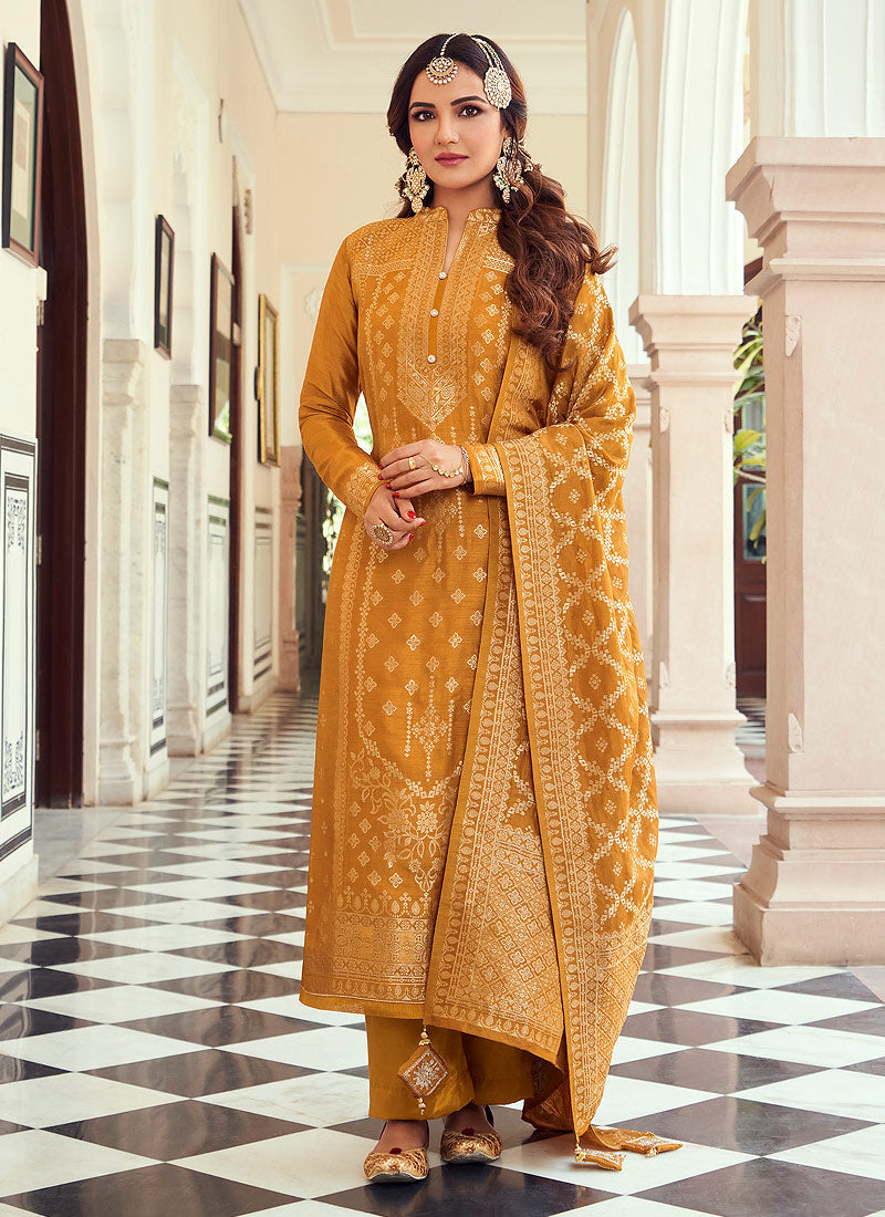 Buy Viscose Yellow Pakistani Style Suit - Embroidered Designer Suit