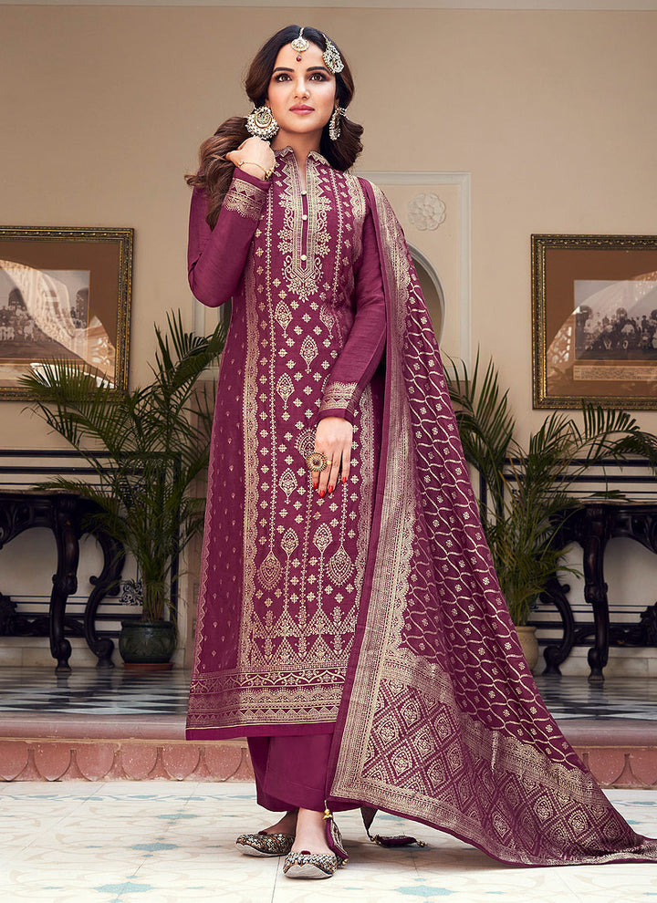 Buy Viscose Purple Pakistani Style Suit - Embroidered Designer Suit