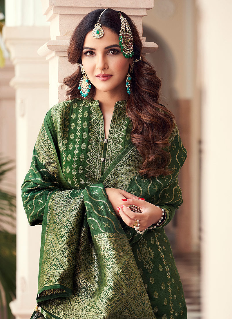 Buy Viscose Green Pakistani Style Suit - Embroidered Designer Suit