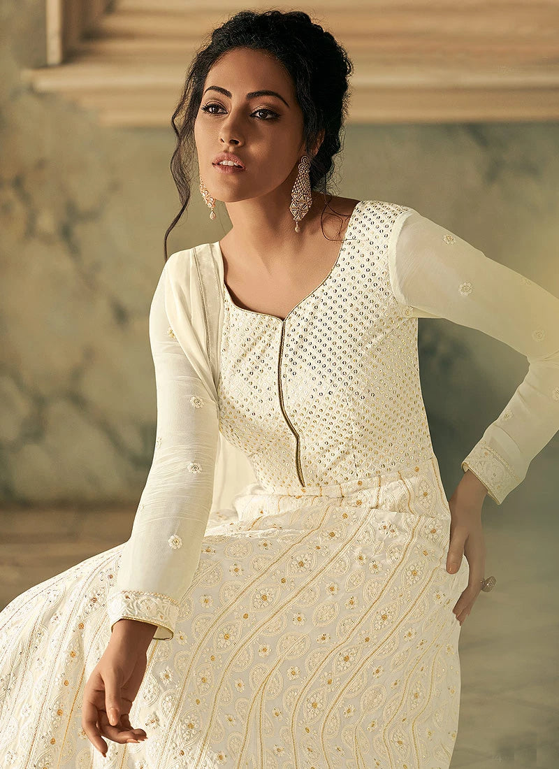 Elegant White Georgette Chikankari Embroidered Anarkali