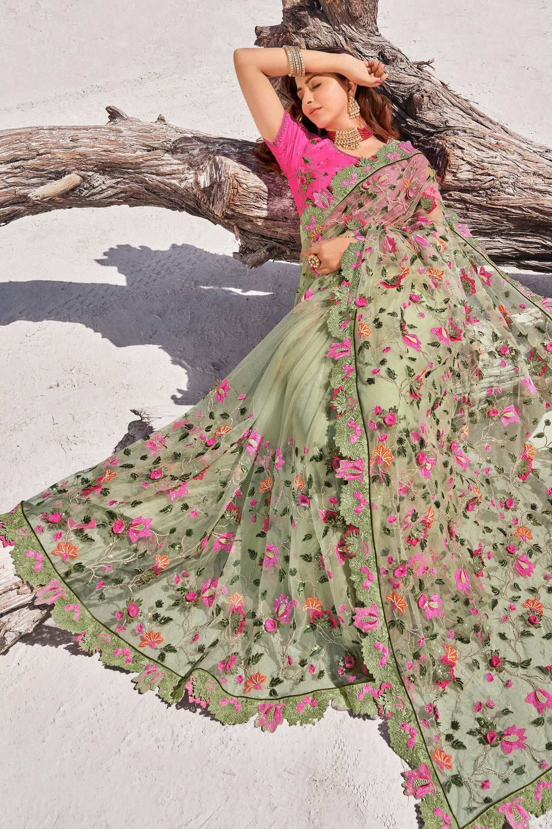 Buy Tea Green Floral Saree - Embroidered Net Saree