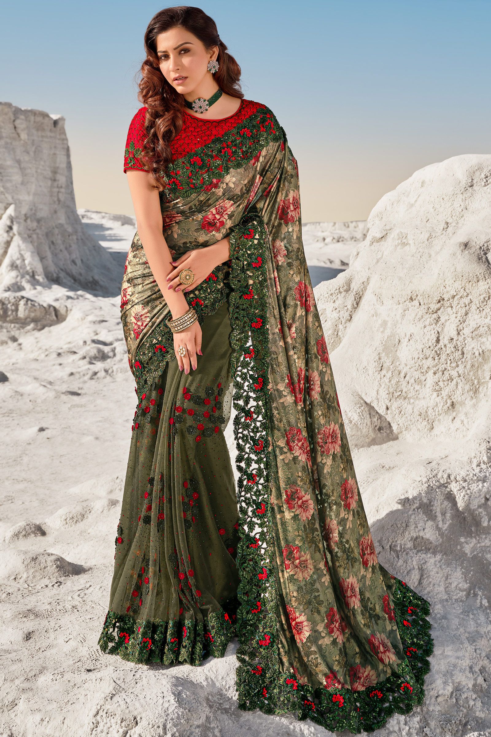 Buy Sanemy Floral Print Bollywood Organza Green Sarees Online @ Best Price  In India | Flipkart.com