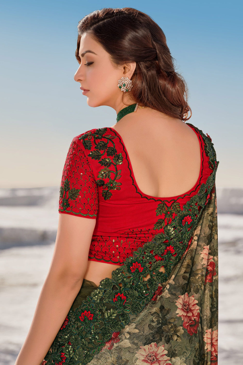 Buy Mahendi Green Floral Saree - Embroidered Net Saree