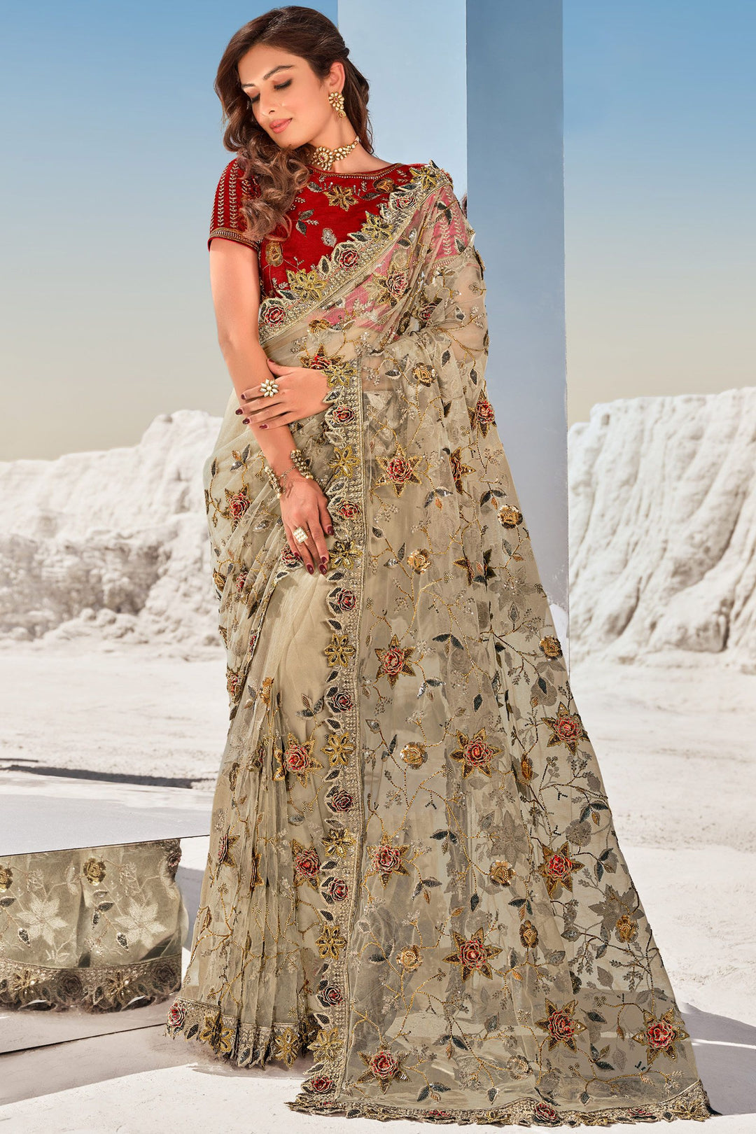 Buy Tan Beige Floral Saree - Embroidered Net Saree