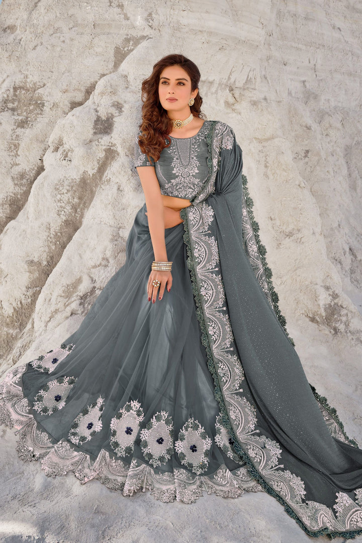 Buy Fiord Grey Floral Saree - Embroidered Net Saree