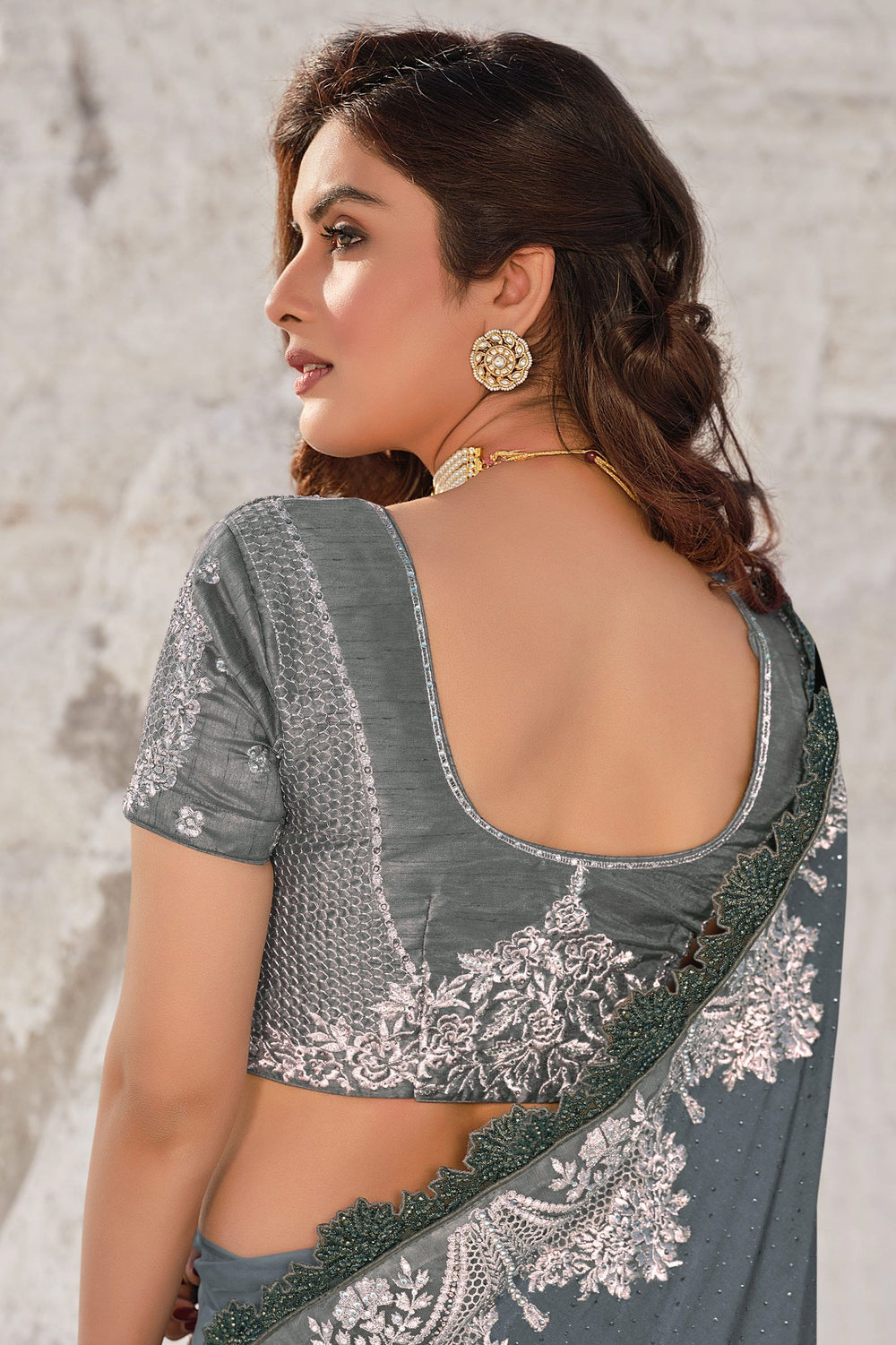 Buy Fiord Grey Floral Saree - Embroidered Net Saree