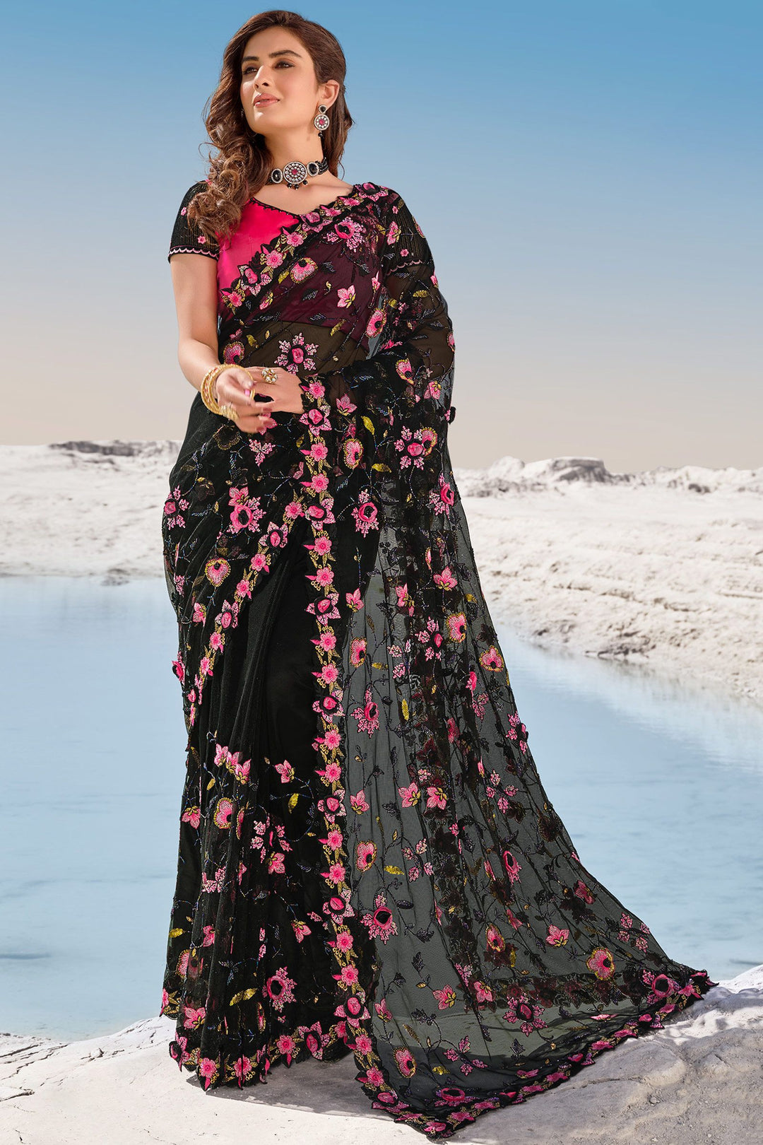 Buy Pitch Black Floral Saree - Embroidered Net Saree