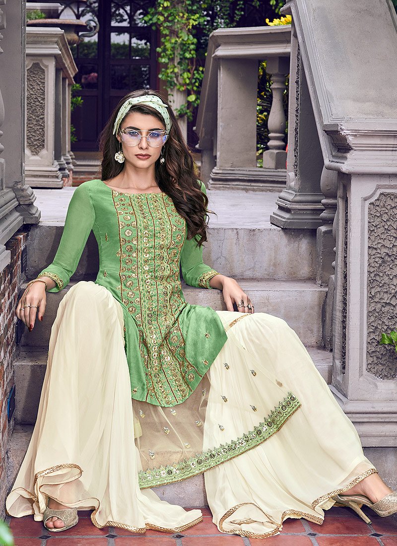Fabulous Green Embroidered Designer Sharara Suit