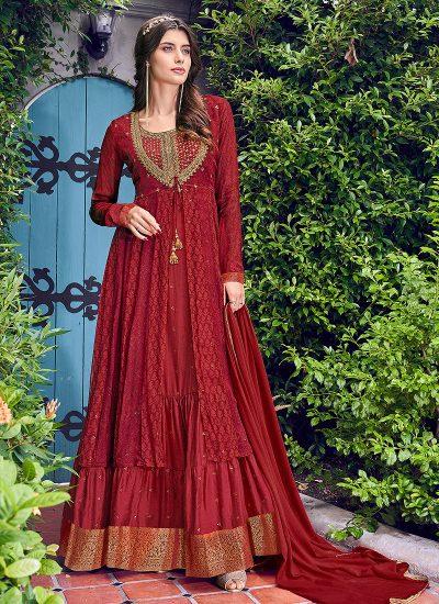 Graceful Red Chiffon Embroidered Jacket Style Anarkali