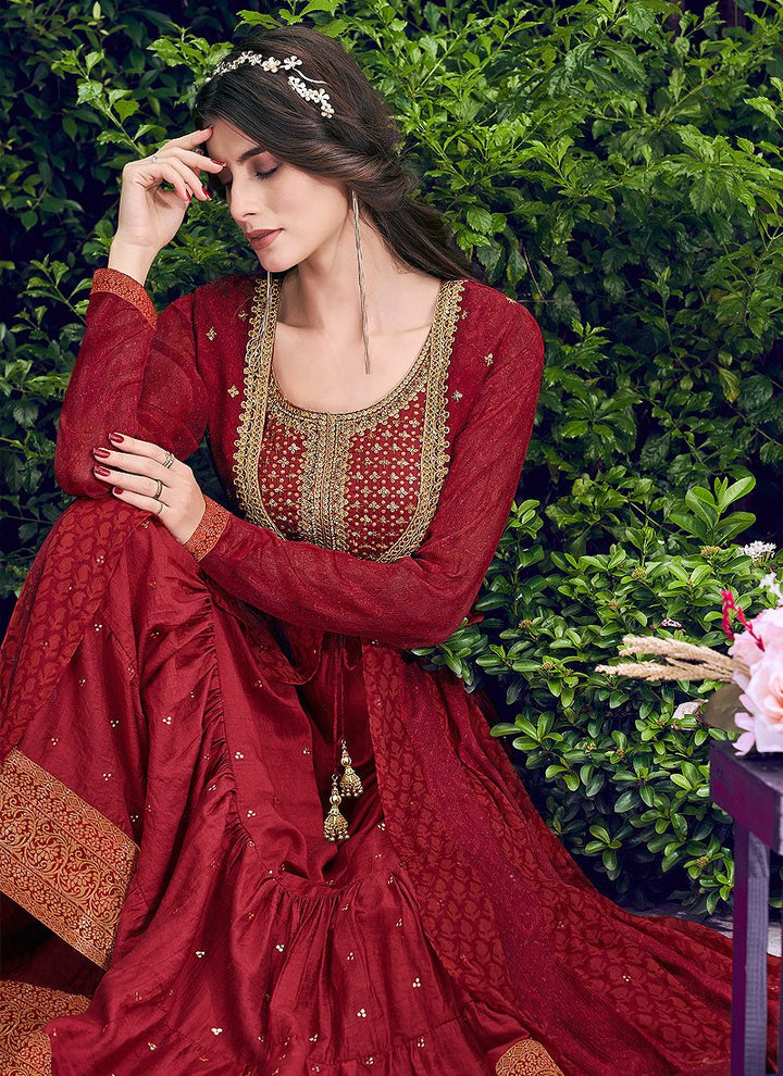 Graceful Red Chiffon Embroidered Jacket Style Anarkali