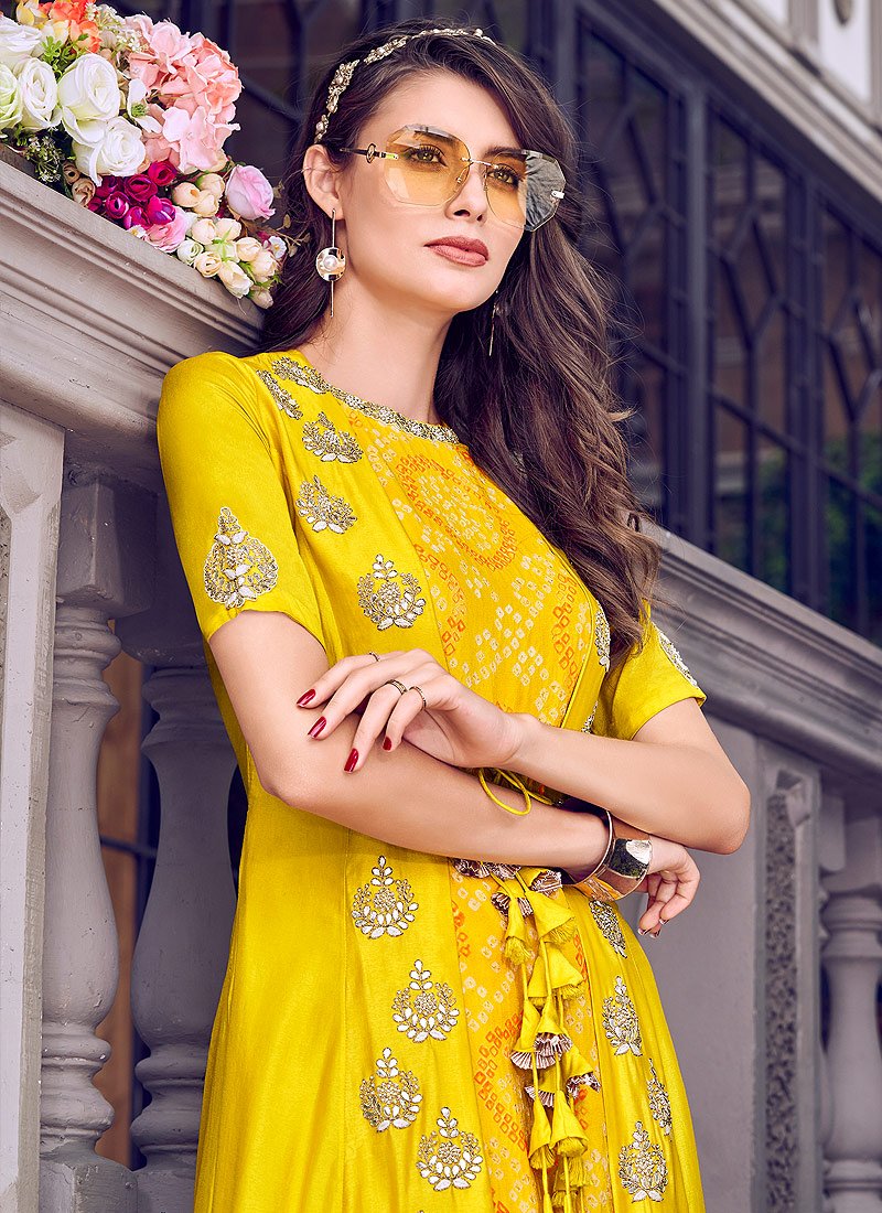 Mustard Yellow Embroidered Jacket Style Sharara Suit