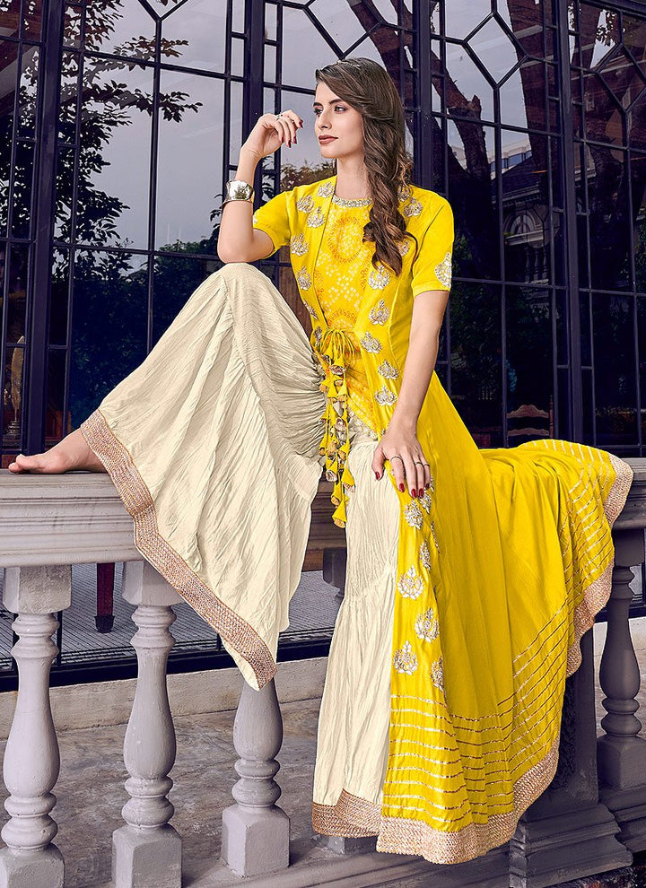 Mustard Yellow Embroidered Jacket Style Sharara Suit