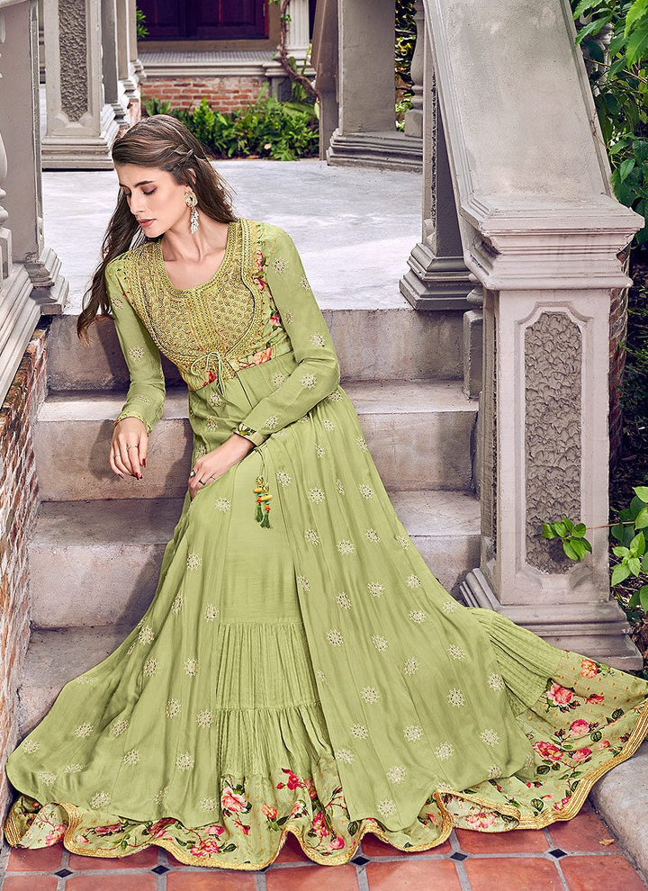 Charming Green Muslin Embroidered Jacket Style Anarkali