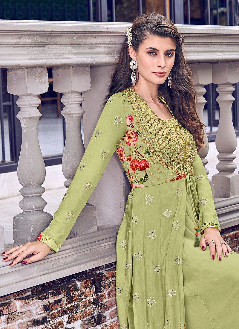Charming Green Muslin Embroidered Jacket Style Anarkali